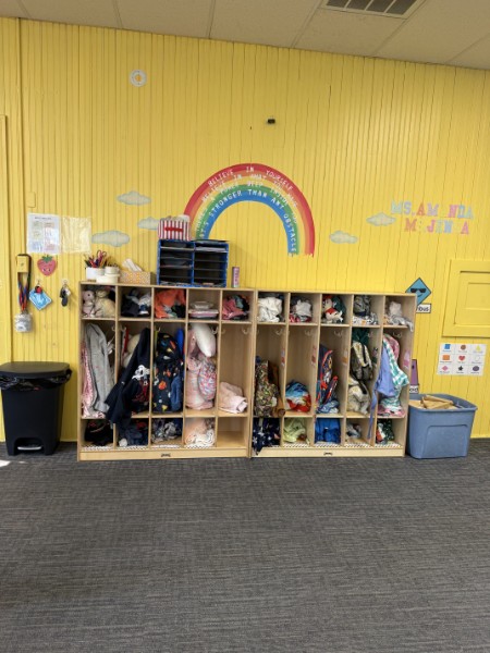 Cubby corner with backpacks
